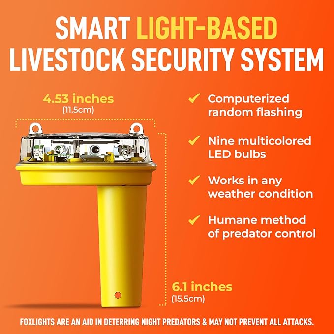 Solar Foxlights Predator Deterrent with LED Flash – Night Wildlife Repeller for Chickens, Ducks, Goats, Gardens, Farms, Crops & Vineyards – Professional Rancher & Farmer Trusted Protection Light