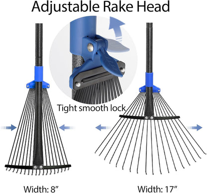 Metal Rake for Leaves Heavy Duty, Adjustable Garden Leaf Rake with Expandable Head 8-17", Shrub Pine Needle Kids Hand Yard Rake Garden Tool 30-70"