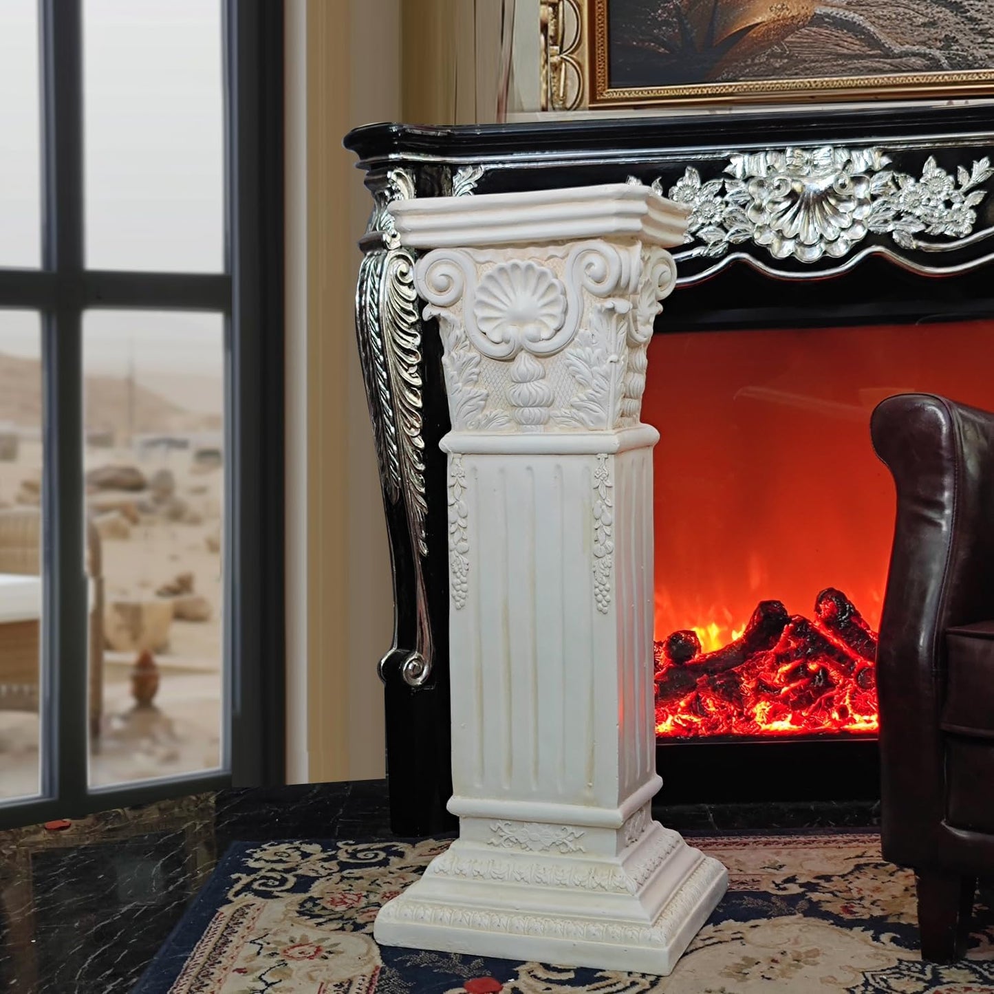 Large 35.5" Vintage Weathered Corinthian Column Pillar with Base Pedestal Magnesium Oxide Ideal for Displaying Statues, Vases, or Planters Decoration for Garden Backyard Patio Office, White