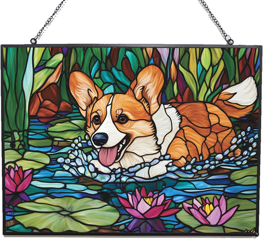 Customized Rectangle Boho Corgi in Lily Pond Stained Glass Suncatcher Window Hanging, Gothic