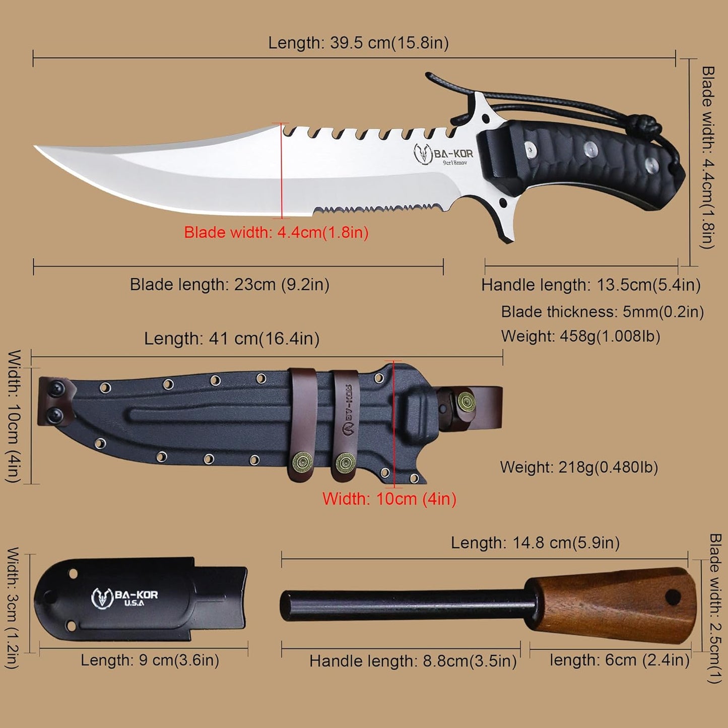 BA-KOR (15.8 inches) 5mm full Tang 9CR18MOV steel nylon fiber handle Bowie knife + sheath + (5.9 inches) cerium element striker, suitable for outdoor hunting, camping, survival, and daily carry of tools. (Sanding I (Half Teeth))