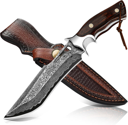 Handmade Damascus Hunting Knife,10.4"Fixed Blade Bowie Knife with Leather Sheath,Real Damascus Steel Knives with VG10 Core &Wood Handle,EDC Full Tang Knives for men women, Adventure,Survival,Hiking,Camping