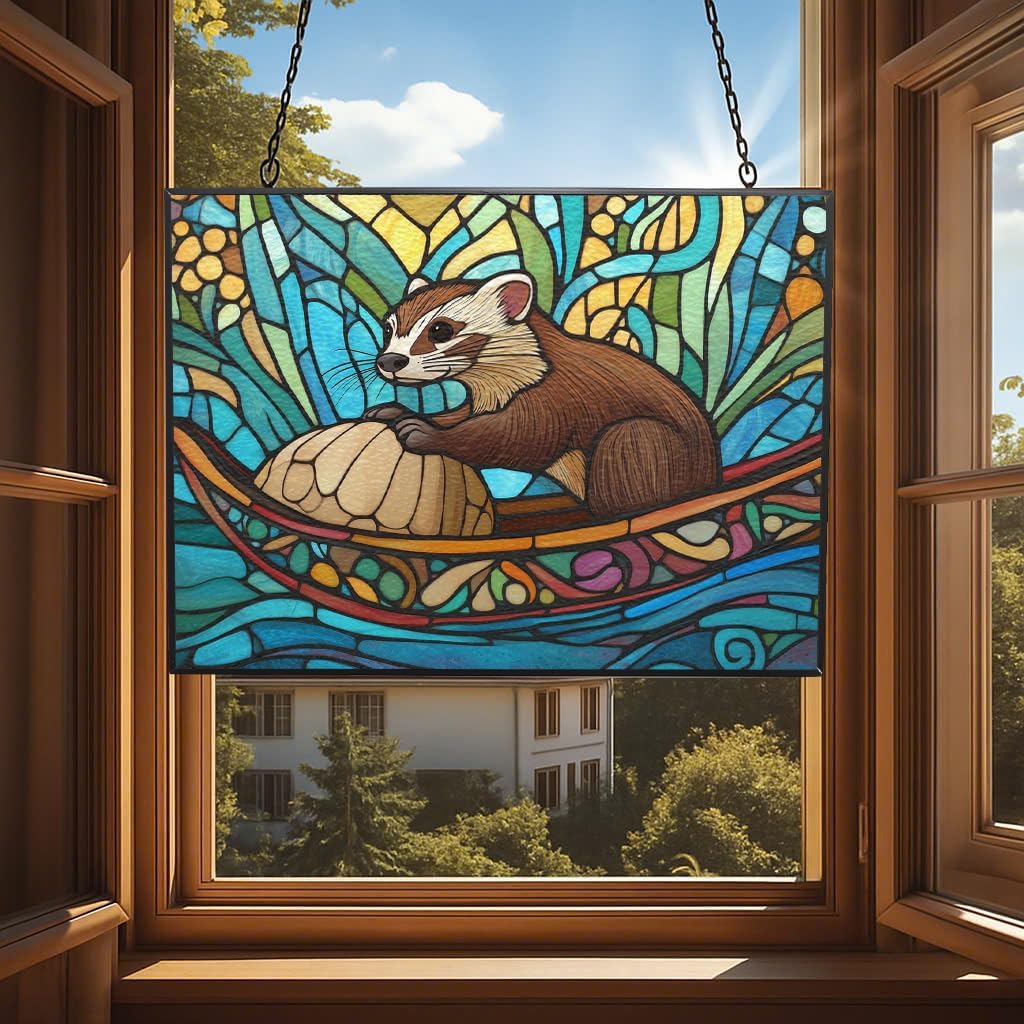 Rectangle Boho Ferret in Walnut Shell Stained Glass Suncatcher Window Hanging, Gothic Dragon Christmas Ornaments for Fiction Lovers, Dinosaur Room Decor for Nursery New Home Gifts