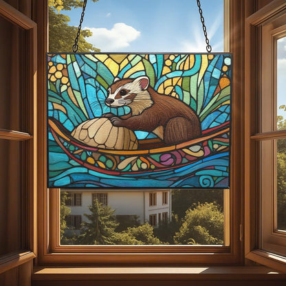 Rectangle Boho Ferret in Walnut Shell Stained Glass Suncatcher Window Hanging, Gothic Dragon Christmas Ornaments for Fiction Lovers, Dinosaur Room Decor for Nursery New Home Gifts