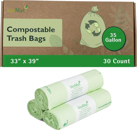 bioMat 35 Gallon Compostable Bin Liners for Food Waste, 30 Count, BPI ASTM D6400 and CMA Certified