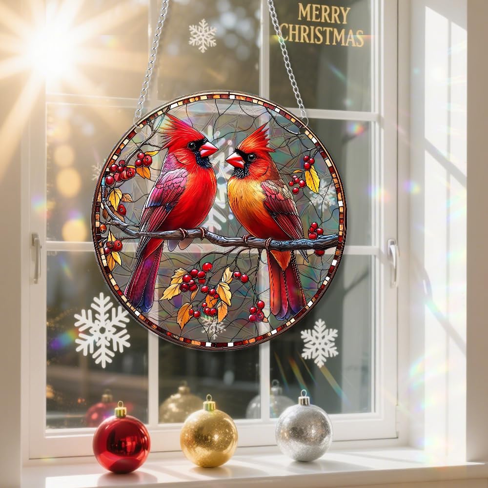 Xmas Suncatcher Bird Window Hanging - Christmas Snowman Suncatcher for Door Terrace Garden Home Decor， Winter Rainbow Maker Birthday Gifts for Lovers Women Men Dad Mom