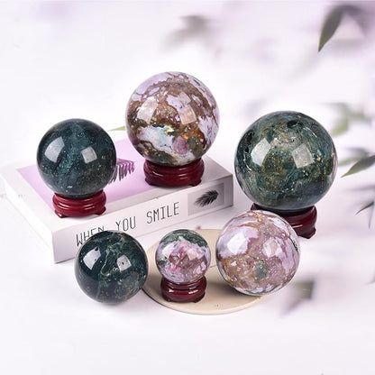 JIC Gem Natural Ocean Jasper Crystal Sphere with Wooden Stand Decorative Crystal Ball Healing Gemstone Sphere for Meditation,Feng Shui,Witch-Style Decor,Table 80-90mm