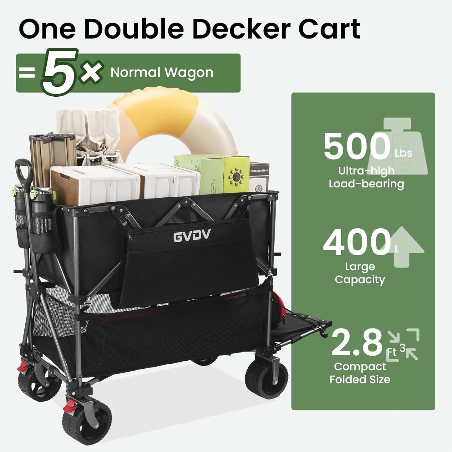 GVDV Double Decker Wagon 500LB Capacity & 400L Collapsible Carts with All-Terrain Wheels, 46" Extra Long Extender Cart with Nylon Netting, Foldable Wagon for Beach Camping Garden Sports
