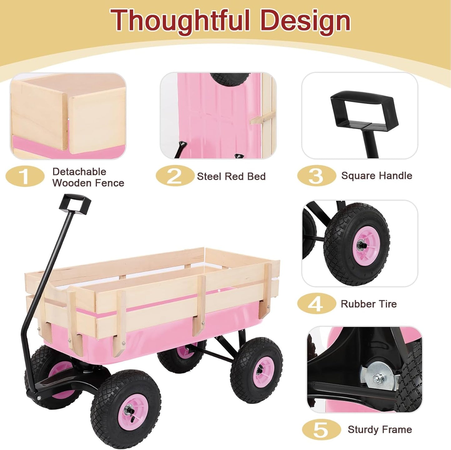 Outvita All-Terrain Cargo Wagon with 10'' Air Tires, Steel Structure Wagon with Removable Wooden Side Panels for Kids, Garden and Cargo, Up to 220lbs Capacity, 38'' L x 19'' W x 31'' H (Pink)