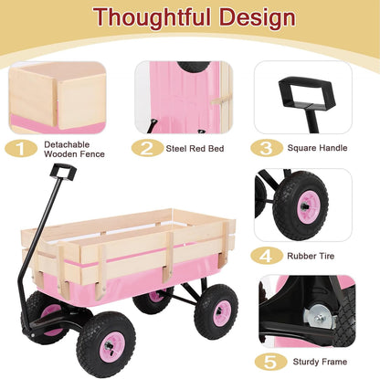 Outvita All-Terrain Cargo Wagon with 10'' Air Tires, Steel Structure Wagon with Removable Wooden Side Panels for Kids, Garden and Cargo, Up to 220lbs Capacity, 38'' L x 19'' W x 31'' H (Pink)