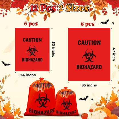 12 Pcs Large Halloween Leaf Bags Biohazard Halloween Decorations Halloween Trash Bags for Leaves Plastic Yard Lawn Waste Bags Scientist Biohazard Bags Outdoor Biohazard Zombie Party Decorations (Red)