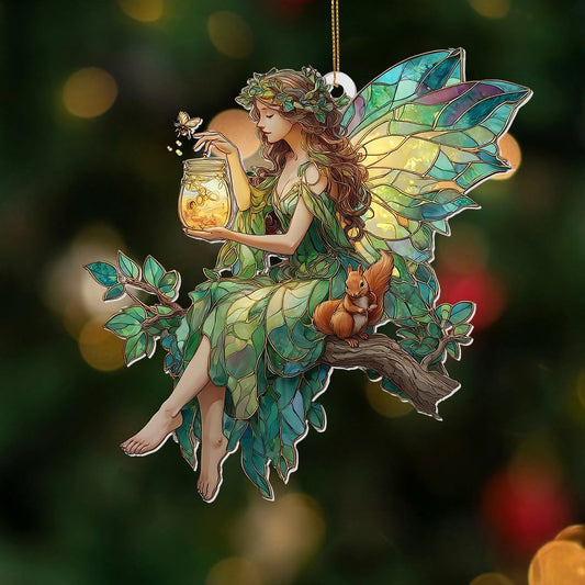 Fairy Stained Glass Acrylic Ornament – Enchanted Forest Fairy with Squirrel, Hanging Window Sun