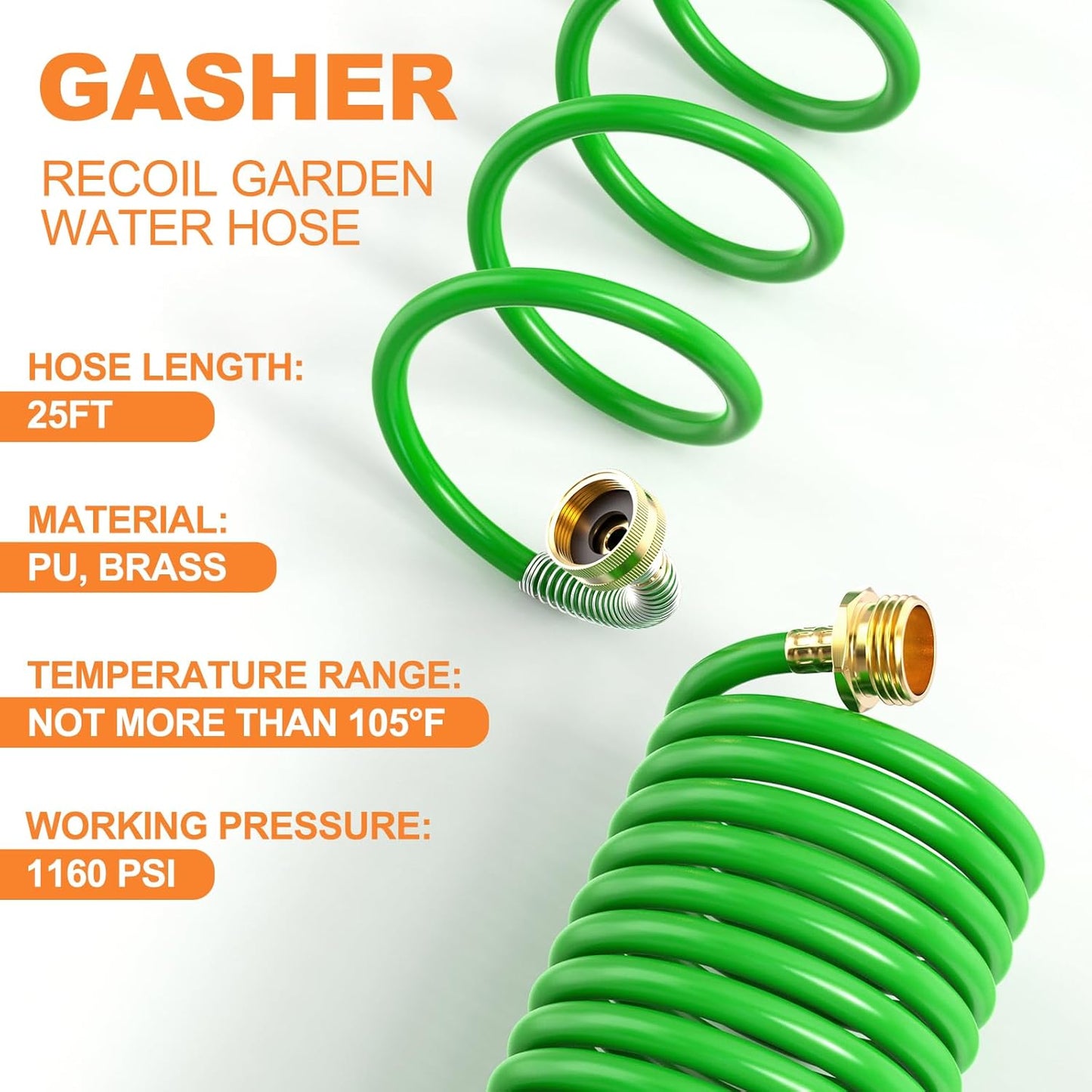 GASHER 25FT PU Recoil Garden Water Hose with 3/4"Inch Brass Fittings Retractable, Swivel Female for Boating, Pool & Spa, RV, Home and Garden（Green)