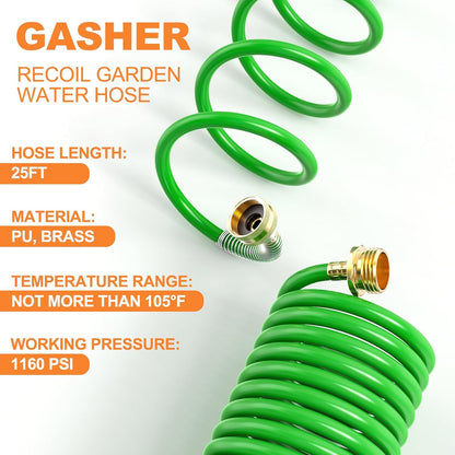 GASHER 25FT PU Recoil Garden Water Hose with 3/4"Inch Brass Fittings Retractable, Swivel Female for Boating, Pool & Spa, RV, Home and Garden（Green)