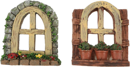 DOITOOL Resin Sculpture, 2 PCS Fairy Garden Door Accessories Miniature Window for Tree, Green with Pink Flower, Indoor/Outdoor Use, Gnome Themed Gift