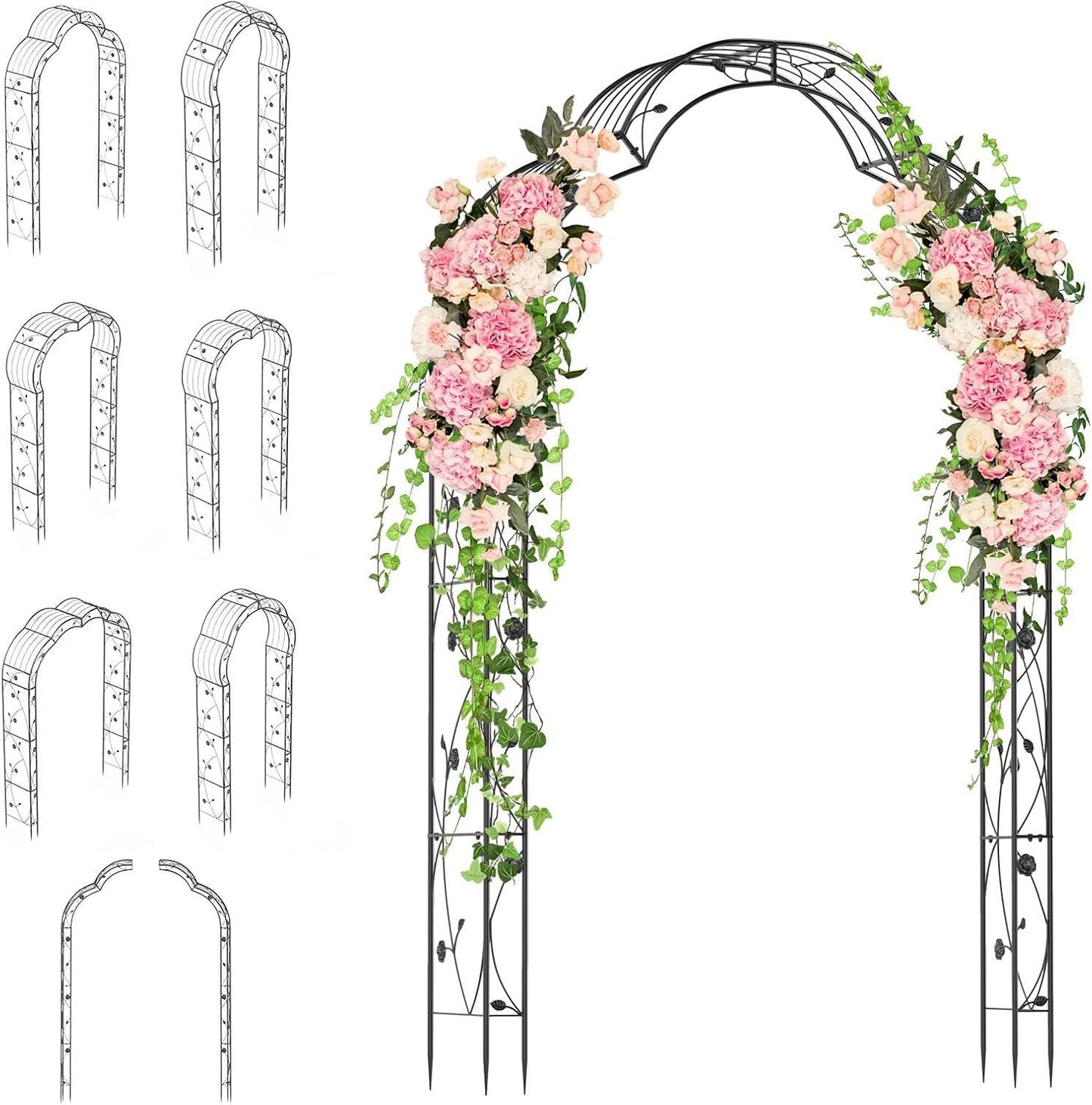 Moccha 2 Sides Garden Arch Arbor Trellis, 8.2FT Metal Archway for Climbing Plants Roses Vines, Outdoor Pergola Trellis with 6 Styles & Sharp Ends, Garden Arbor for Backyard Wedding Party Ceremony