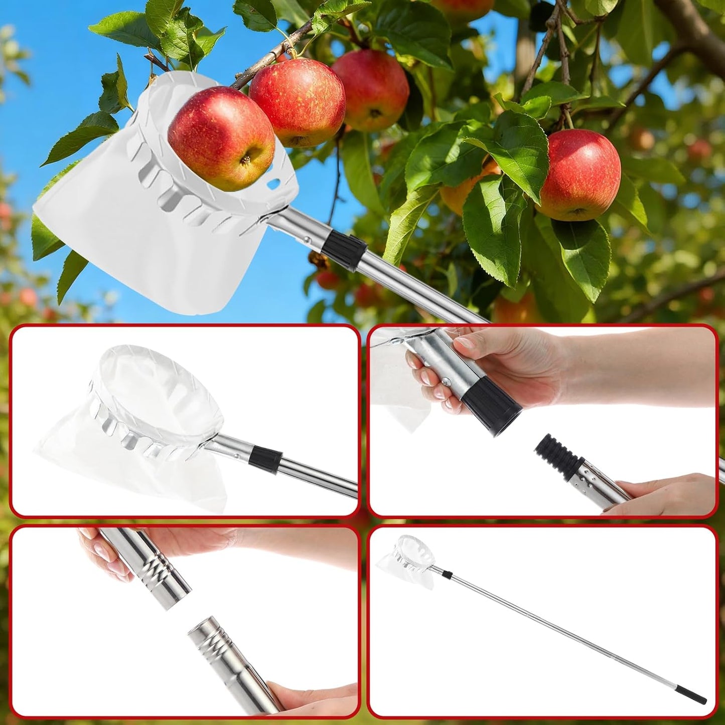 4 Pack Fruit Picker Pole Tools 11.5 ft Fruit Picker Pole with Basket Telescoping and 35-63 Inch Adjustable Apple Picking Tool Berry Rake Scoop and Storage Bag for Mango Lemon Orange Avocado