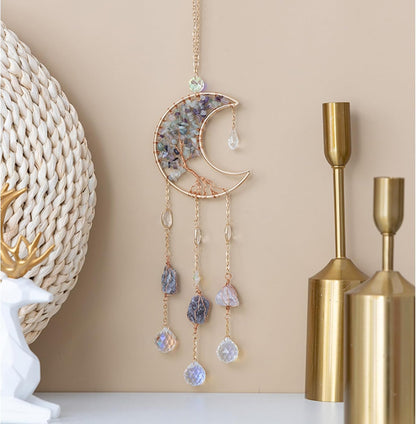 TUOKING Crystal Moon Suncatchers for Window Hanging Tree of Life Natural Healing Stones Wind Chimes Sun Catcher Rainbow Maker Good Luck Gifts Decor for Home Garden