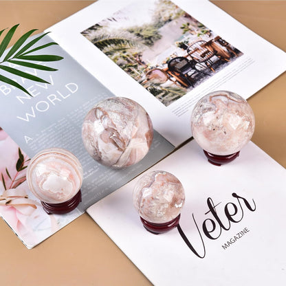 JIC Gem Large Pink Crystal Sphere with Stand Agate Crystal Ball Gemstone Decorative Ball for Home Decor Altar Reiki Healing Gift 80-90mm