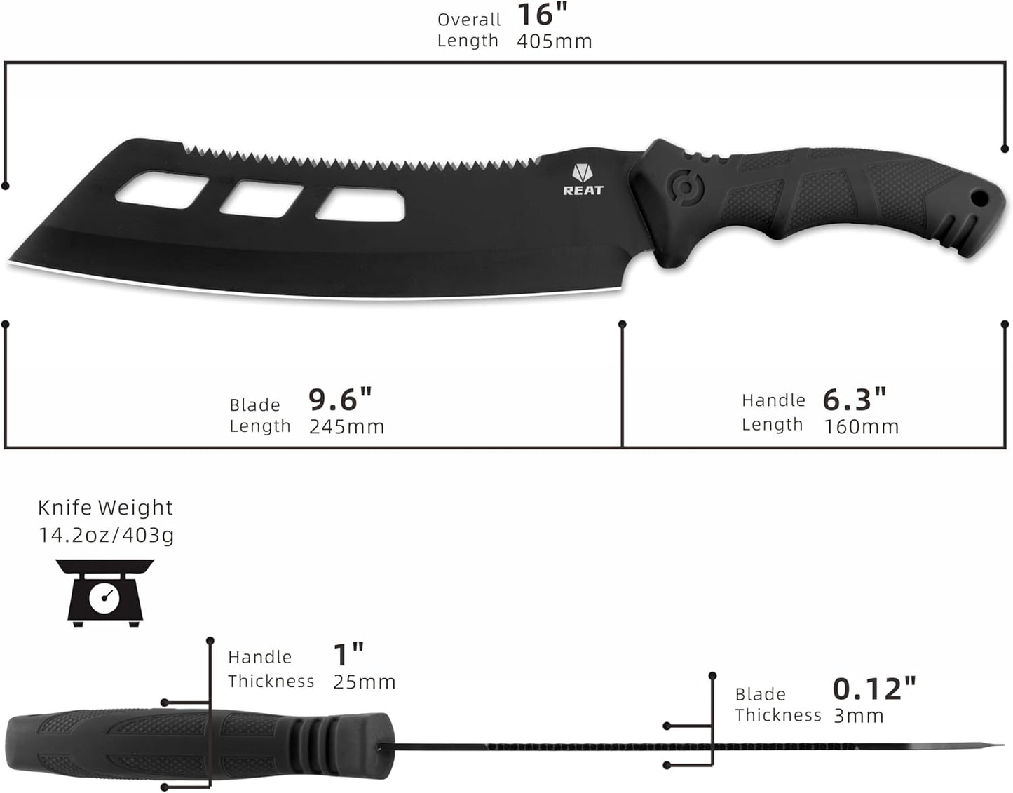 REAT Machete with Saw,16" Heavy Duty Machete with Sheath, Dual-Purpose Gardening Machete Knife for Chopping and Sawing,Ergonomic No-Slip Handle