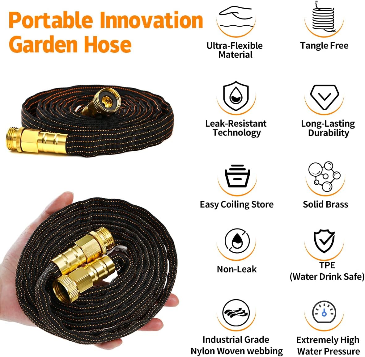 10FT Lightweight Flexible Garden Hose,Non-Slip Handles,Non-kink Hose,Solid Brass Fitting for Boats, RV Water Hose,Marine Washdown,Lawn,Garden,Leakproof TPE Hose (OrangeBlack, 10 FT)