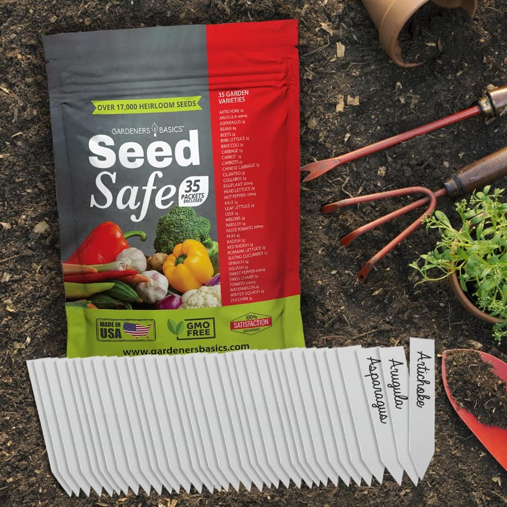 Gardeners Basics Seed Safe Kit – 35 Easy-to-Grow Heirloom Vegetable Seeds for Beginners – Non-GMO Garden Starter Set with 17,000+ Seeds – Perfect Gardening Gift for New Gardeners or Families