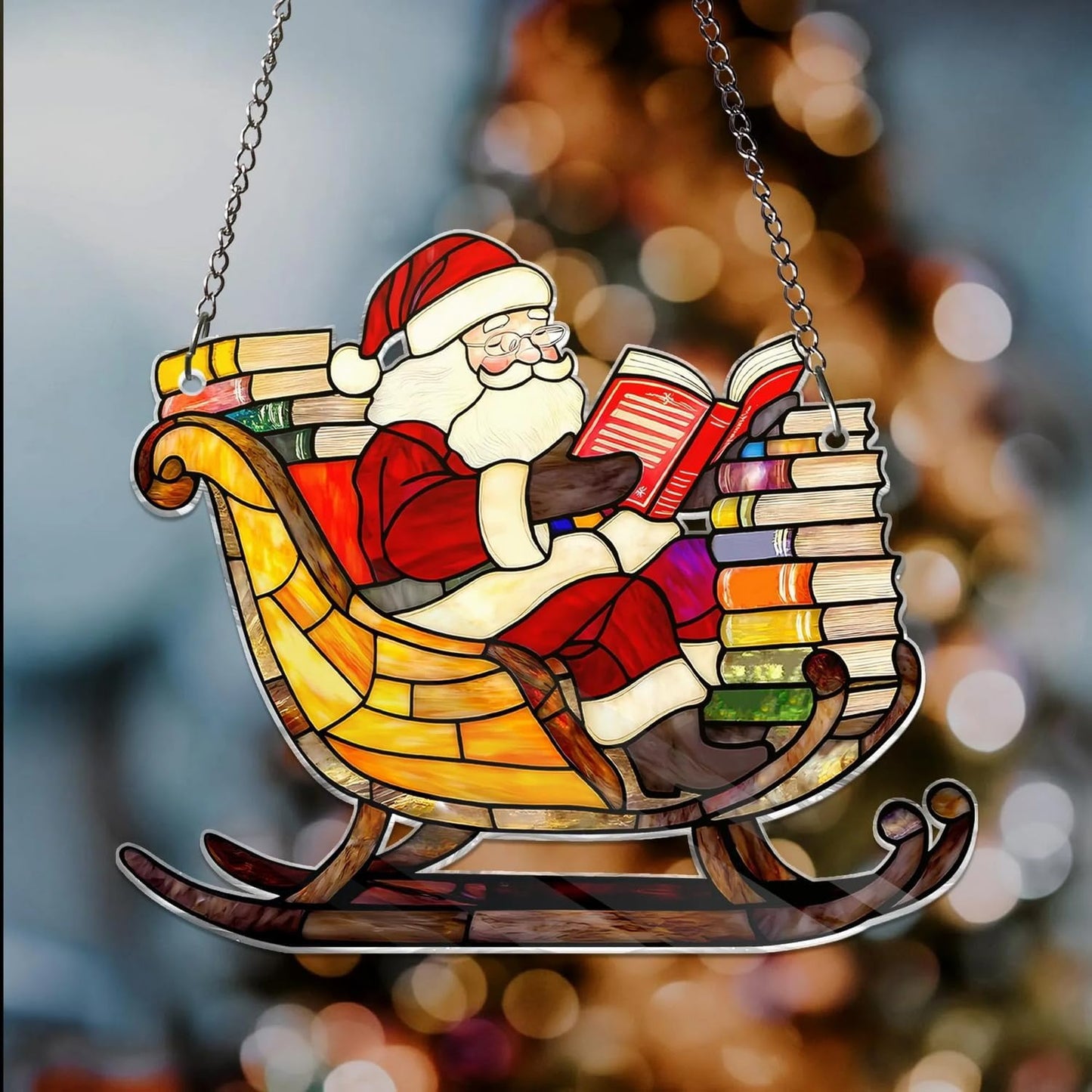 Christmas Sun Catcher for Window Hanging Read Book Santa Claus Designs Acrylic Suncatcher Decor for Wall Home, Garden, Housewarming Women Neighbor Party Cute Winter Xmas Gifts7.87inch