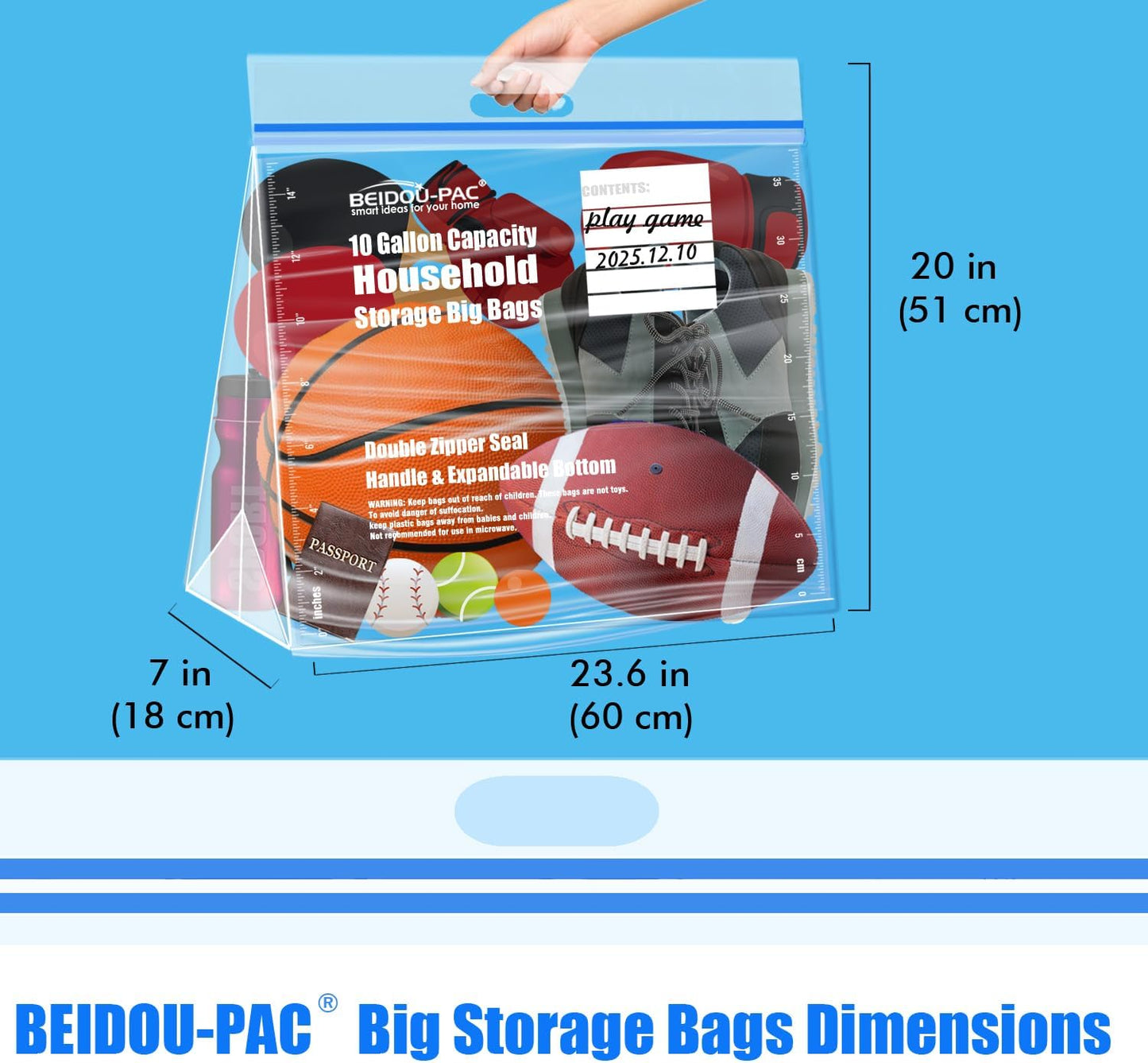 10 Gallon Large Storage Bags with Handle, 50 Counts | Double Zipper Seal | Expandable Bottom, Resealable Clear zip Bags for Home, Travel, Moving Commercial and Outdoor