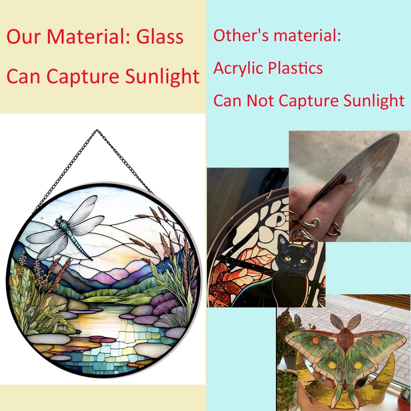 River and Dragonfly Pattern Suncatcher Stained Glass,Hanging Stained Glass for Windows,20cm/7.87inch Hand-Painted Sun Catcher Garden Hangings Painted Glass Panel Decor Themed Gift