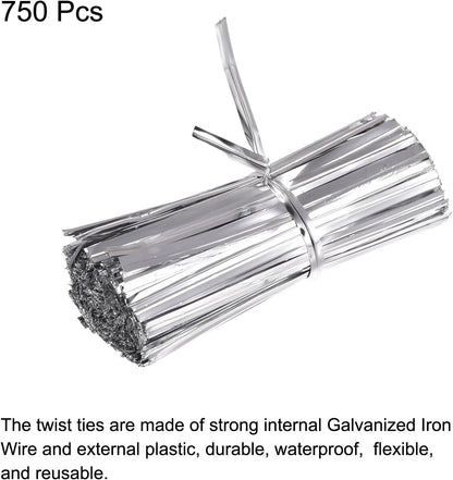 MECCANIXITY Foil Twist Ties 3" 8cm Metallic Plastic Closure Tie for Tying Bread, Candy, Cookies, Gift Bags Arts Crafts Ties Silver Tone Pack of 750
