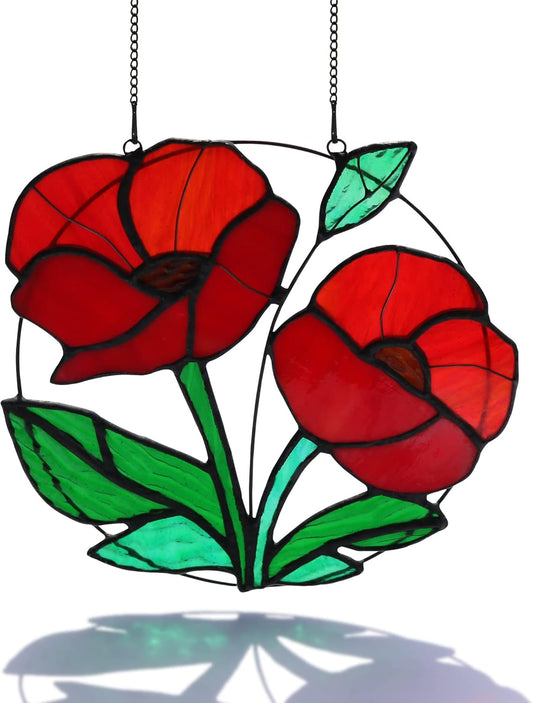 Red Flowers Stained Glass Window Hanging,Artificial Poppy Flower Suncatcher Wall Art Decor,Red