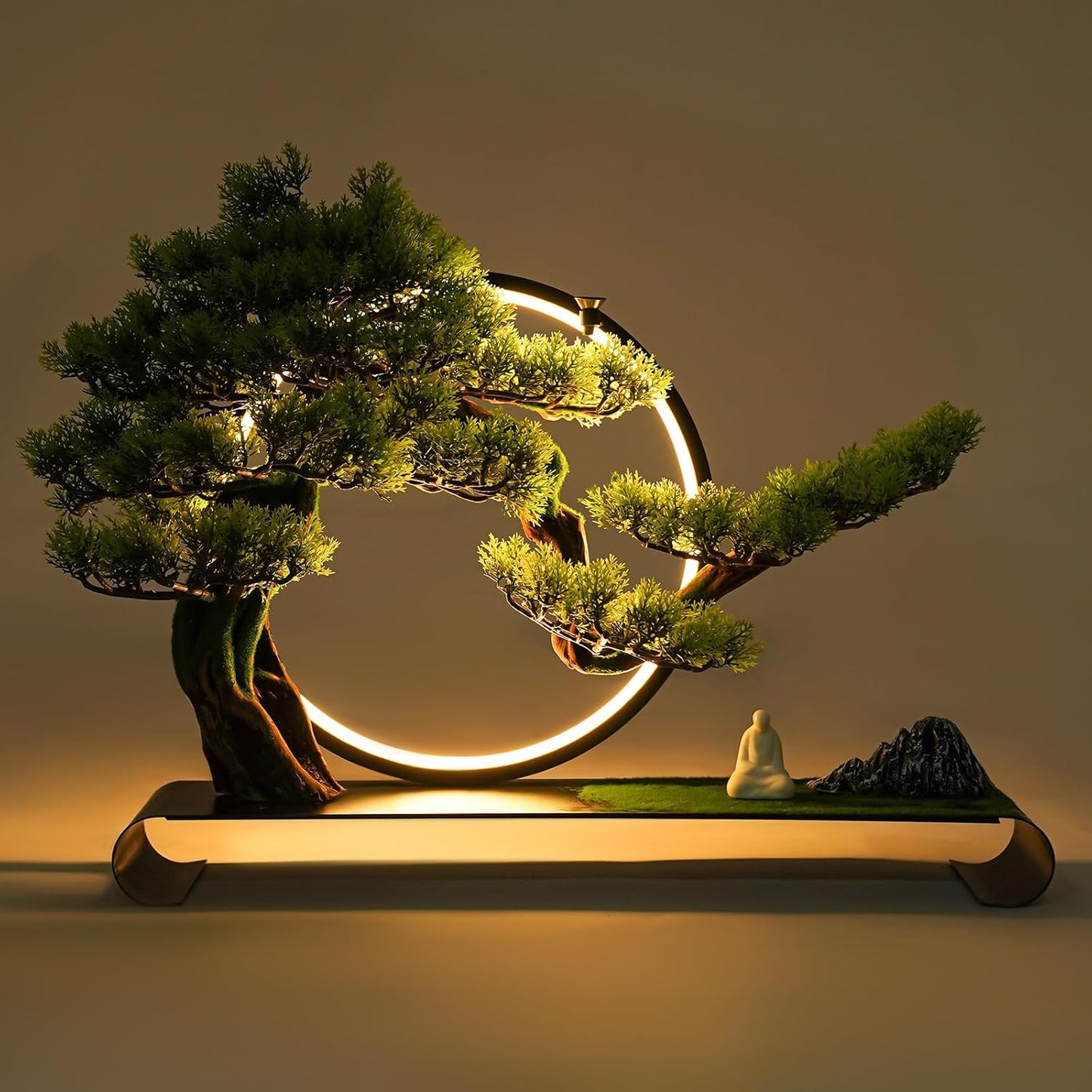 Artificial Bonsai Pine Tree Faux Realistic Simulation Bonsai with LED Lamp Ring Fake Plants Desk Table Decor for Home Office Indoor