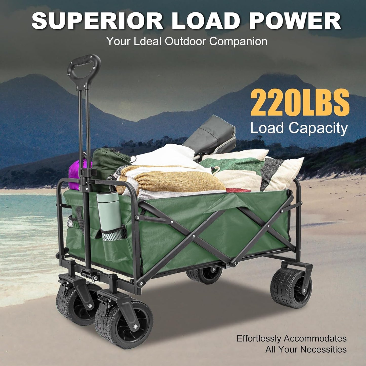 SZHLUX Collapsible Foldable Wagon with Big Wheels for Sand, Utility Grocery Wagon with Side Pocket and Brakes for Camping, Sports, Outdoor Activities