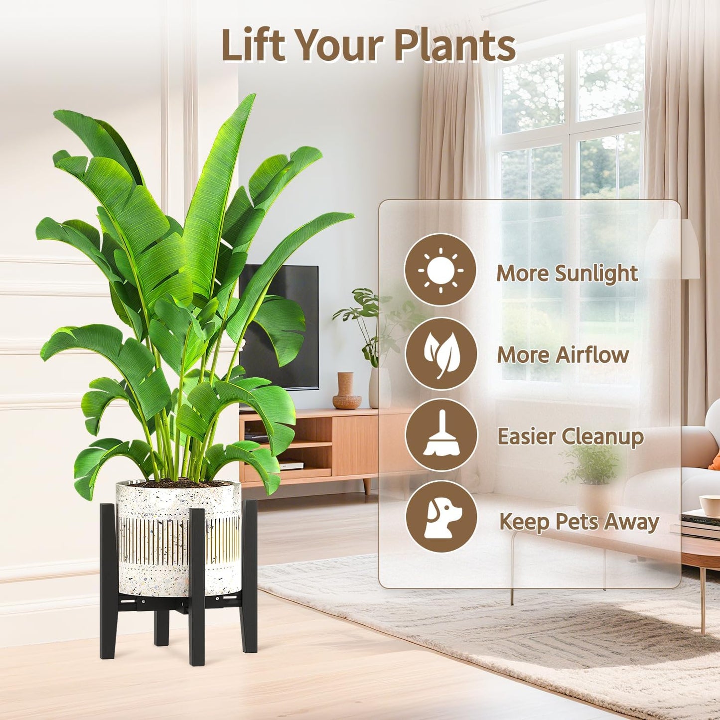 LASZOLA Bamboo Adjustable Plant Stand for Single Large Indoor Planters, Heavy Duty Floor Fern Holder Fits 8 to 12 Inch Pots, Mid Century Elevated Big Stool for Flower– Pot Not Included, Black, 2 Pack
