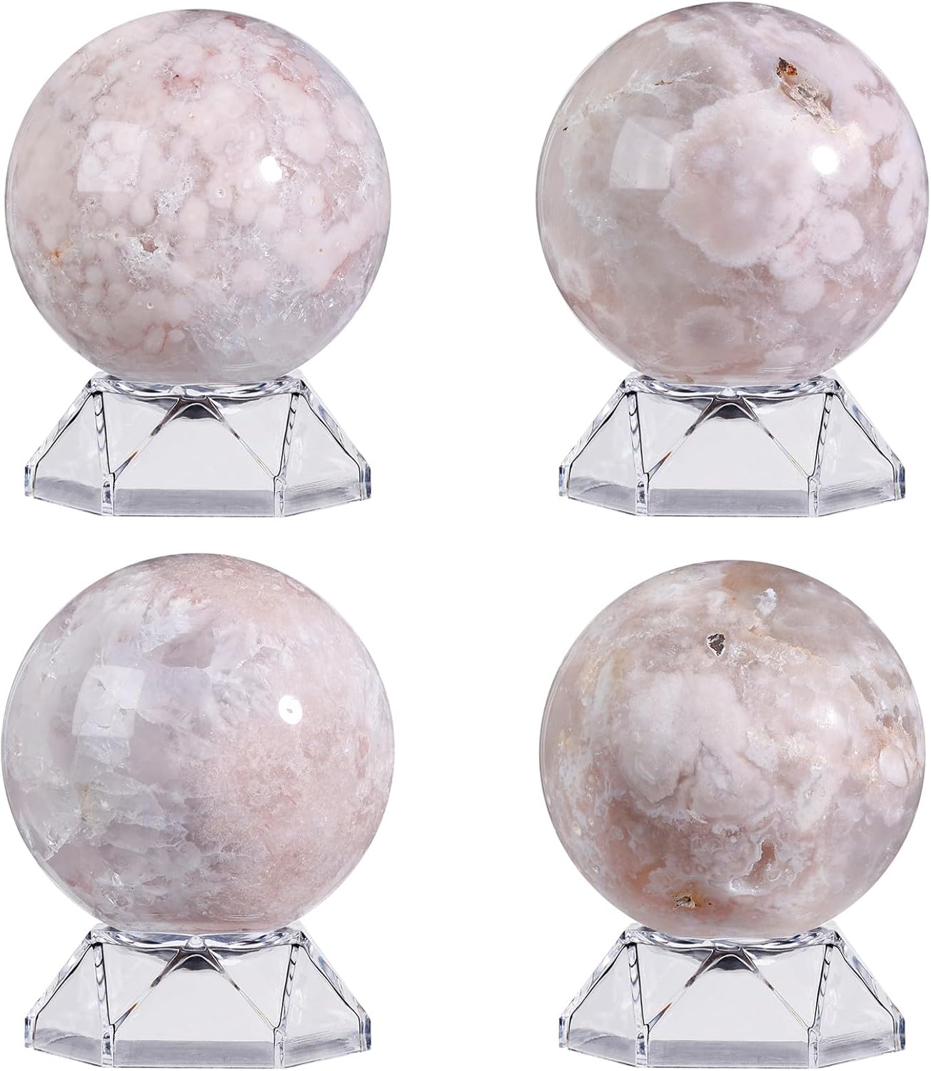 Natural Cherry Blossom Agate Crystal Ball with Acrylic Display Base, 61-70mm Polished Stone Feng Shui Crystal Sphere Meditation Decoration for Home & Office