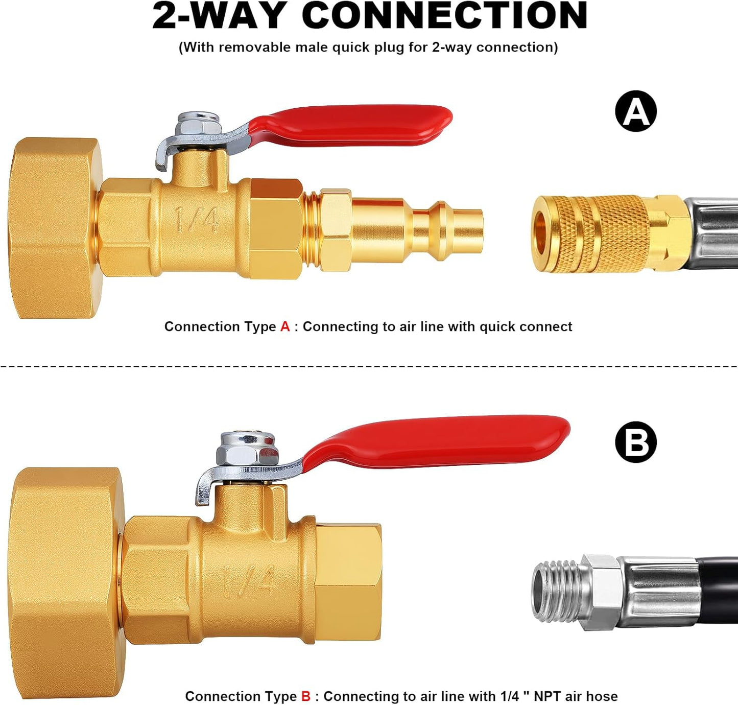 RV Winterize/Winterization Blowout Adapter - Brass with Ball Valve, 1/4" Male Quick Connect to 3/4" Male & Female GHT Garden Hose Thread