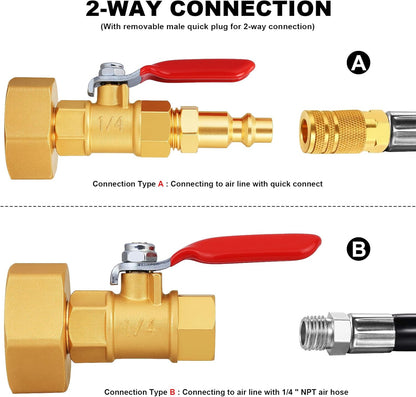 RV Winterize/Winterization Blowout Adapter - Brass with Ball Valve, 1/4" Male Quick Connect to 3/4" Male & Female GHT Garden Hose Thread