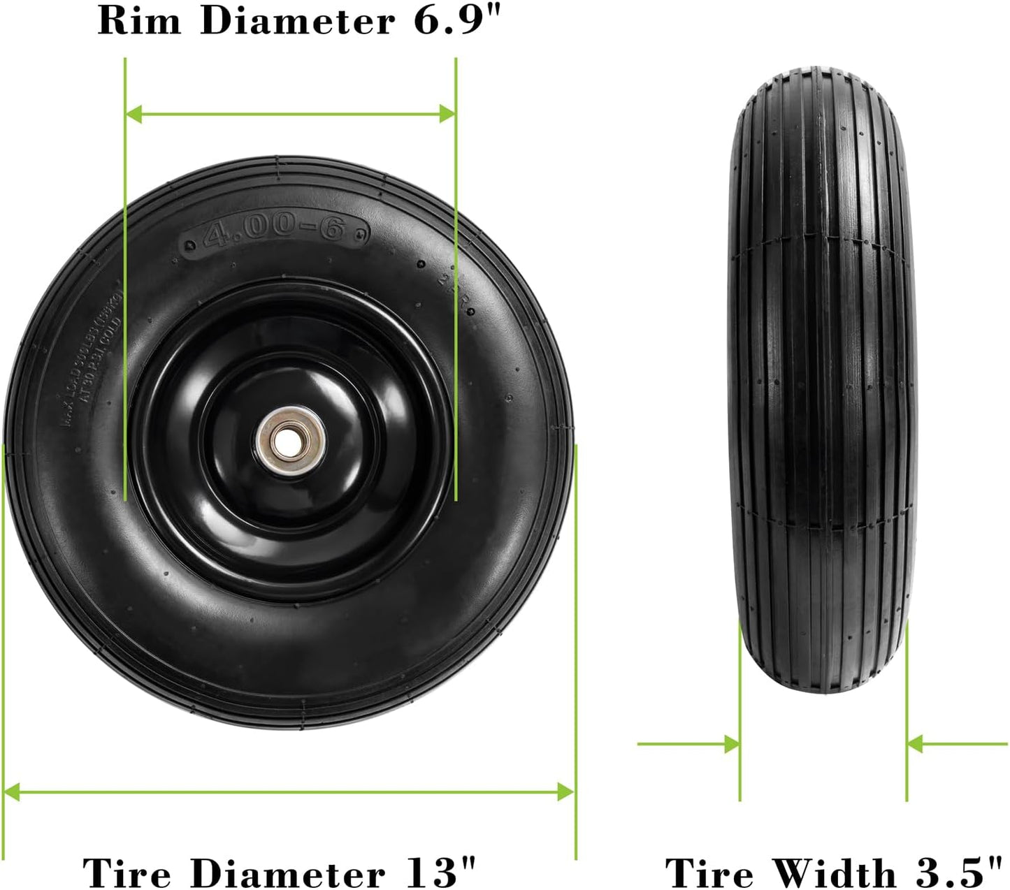 Parts Camp 13" Wheelbarrow Tires and Wheels 4.00-6 Pneumatic Tires with 5/8"&3/4" Bore Hole and 1.75" Centered Hub Wheelbarrow Tire Fit Wheelbarrows/Wagons/Dolly/Trolley/Hand truck(2 Pack)