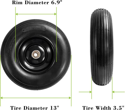 Parts Camp 13" Wheelbarrow Tires and Wheels 4.00-6 Pneumatic Tires with 5/8"&3/4" Bore Hole and 1.75" Centered Hub Wheelbarrow Tire Fit Wheelbarrows/Wagons/Dolly/Trolley/Hand truck(2 Pack)