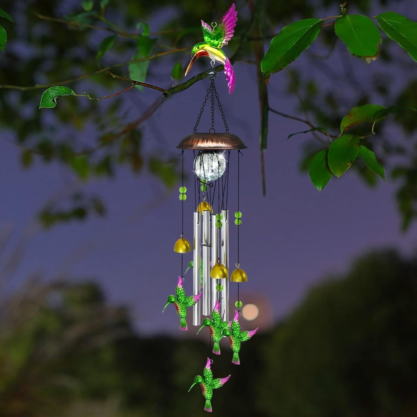 Solar Wind Chimes for Outside, 33.5 Inch Hummingbird Wind Chimes Outdoors with Crackled Glass Ball Decorative Hanging in Garden, Yard, Patio