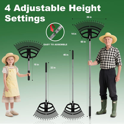 Adjustable Leaf Rake 30-65 Inch – 30 Tines Garden Rakes with Non-Slip Handle&Quick-Detach Head Lightweight Yard Rake for Wet Leaves, Pine Needles, Gravel