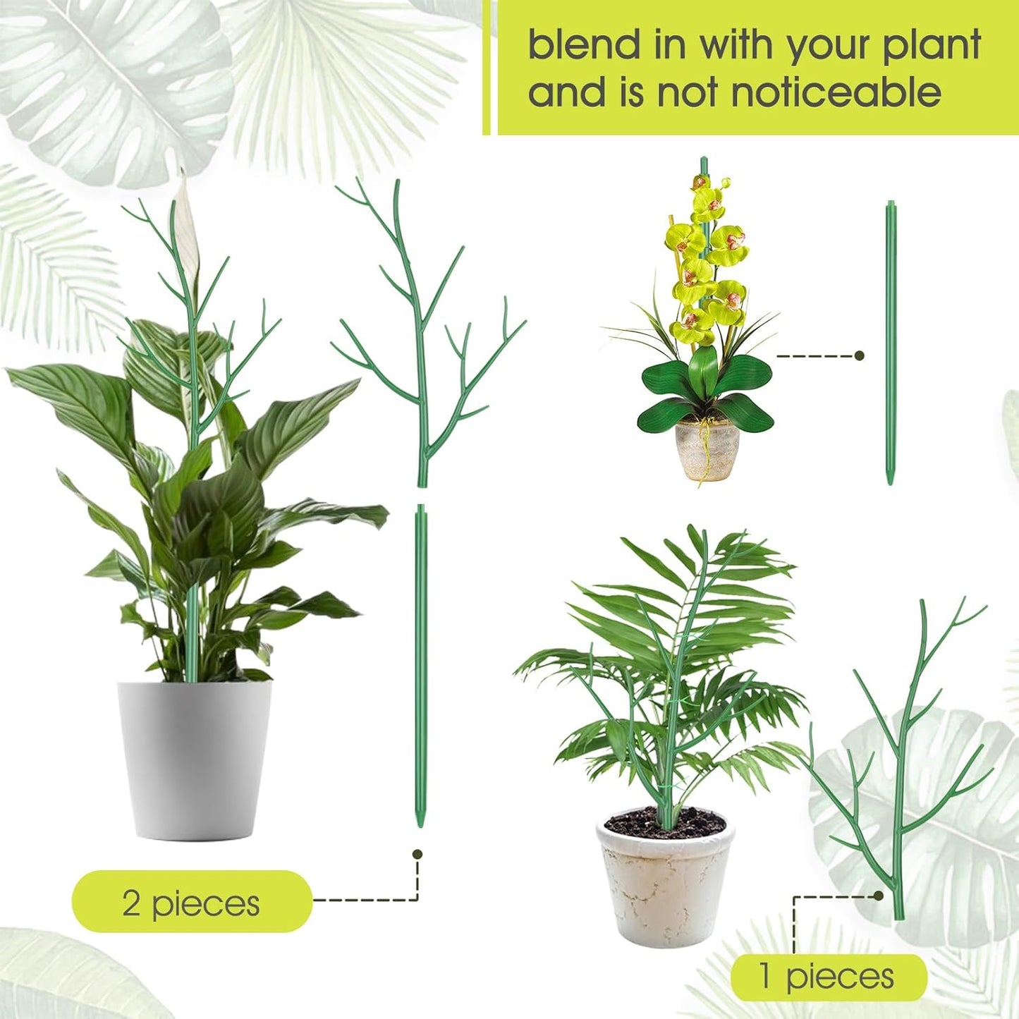 6 Pack Plant Support Stakes for Indoor Plants, 27.56 Inch Twig Plant Sticks with Orchid Clips Twist Ties and Plant Ties for House Potted Plants and Flower, Plastic Branches Support Structures, Green
