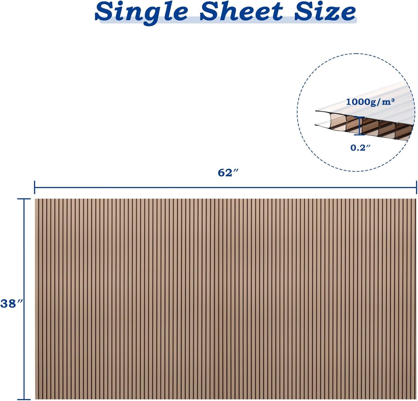 BPS 6Pcs 62'' (W) x 38'' (L) x 0.2'' Polycarbonate Panels, Waterproof UV Protected Reinforced Sheets, Outdoor Greenhouse and Gazebo Covering, Twin-Wall Bronze Sheets