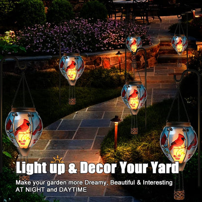 Hot Air Balloon Solar Lantern - Cardinal Bird Glass Lantern, Simulated Flickering & Dancing Flame, Outdoor Hanging Yard Light Waterproof IP65 for Patio Lawn Porch Decor Gift