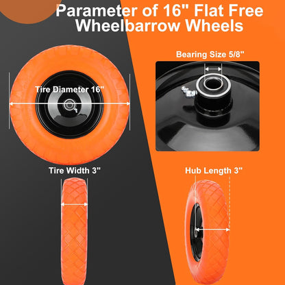 Upgraded 16" Flat Free Wheelbarrow Wheels and Tires, 4.80/4.00-8 Solid Tires with 5/8"&3/4" Bearings, Universal Fit for Wheelbarrows/Garden Trailer
