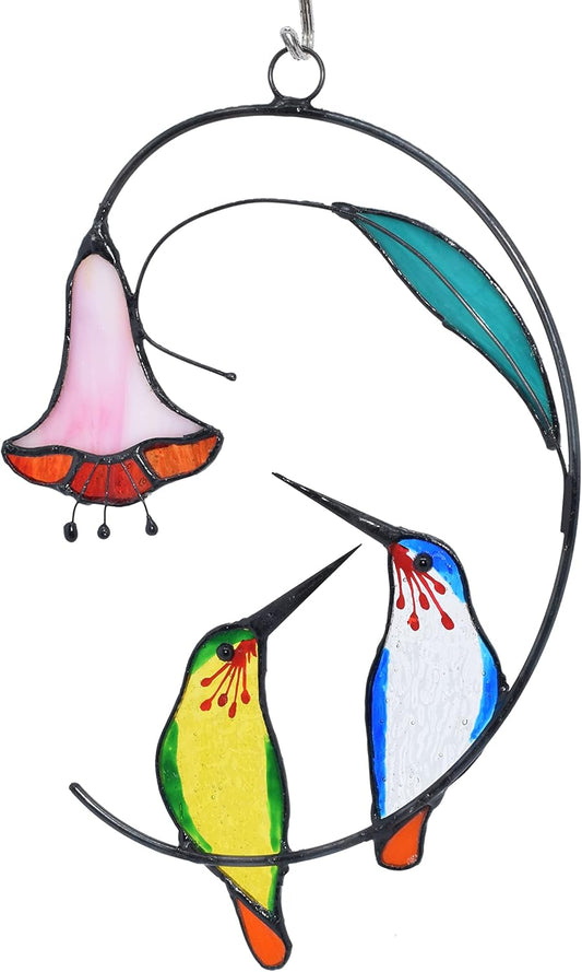 Lolitarcrafts Hummingbird with Flower Stained Glass Suncatcher Bird Stained Glass Window Hangings
