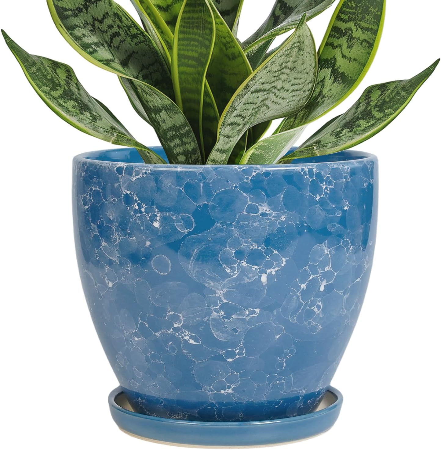 Ceramic Pots for Plants - 6 Inch Planter with Drainage Hole and Plant Tray, Decorative Succulent Pot, Round Flower Planter for Indoor, Garden Living Room Decor, Gifts for Plant Lovers, Blue