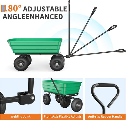Garden Dump Cart, 6 Cu.Ft. 1200Lbs Garden Cart, Heavy-Duty 4 Wheel Wheelbarrow Yard Cart with 13-Inch All-Terrain Wheels, Features A Quick-Release Tipping Function, for Courtyards, Farm, Gardening