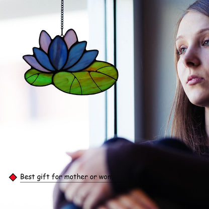 Stained Glass Lotus Flower Window Hanging Sun Catcher Holiday Decoration Window Panels Birthday Gifts for mom,Woman and Friends (Blue)