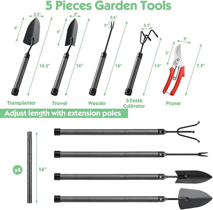 Garden Tools Set 5 Piece with Extended Handle, Heavy Duty Garden Tools Set, Ideal Gardening Tool Kit Gifts for Parents and Kids Including Trowels, Hand rake, Weeder, Pruning Shears